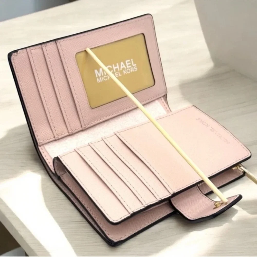 Michael Kors Medium Jet Set Travel Zip Chain Bifold Wallet Leather Powder Blush